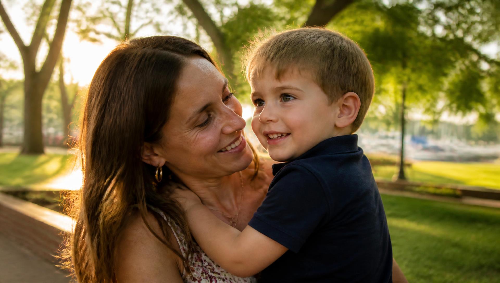 A mother holding her young son in a sunlit Annapolis park